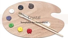  Presentation with brush - Amazing presentation theme having photo of a wooden artists palette loaded with various colorful paints and brush isolated on a white background backdrop and a lemonade colored foreground