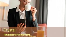  Presentation with dinner - Amazing presentation design having photo of a young beautiful blonde business woman sit indoors have a dinner drinking coffee using mobile phone backdrop and a tawny brown colored foreground