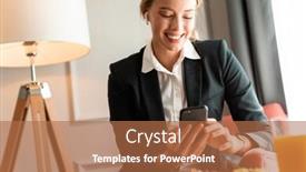  Presentation with dinner - Presentation design with photo of a young beautiful happy blonde business woman sit indoors have a dinner using smartphone background and a coral colored foreground