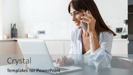  Presentation with mobile home - Theme with photo of a young cheerful happy woman indoors at home at the kitchen using laptop computer talking by mobile phone background and a light gray colored foreground