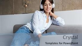  Presentation with computer music - Slide set enhanced with photo of a young cheery smiling woman indoors at home sit on sofa in living room listening music with headphones using laptop computer background and a light blue colored foreground