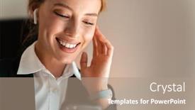  Presentation with music business - Audience pleasing PPT theme consisting of photo of a young cheery smiling blonde business woman indoors listening music with earphones using mobile phone backdrop and a coral colored foreground