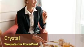  Presentation with photo - Beautiful slide set featuring photo of a young cheery beautiful happy positive optimistic blonde business woman sit indoors have a dinner backdrop and a tawny brown colored foreground