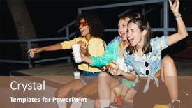  Presentation with girls night - Slides with photo of a young emotional screaming girls fans at night sit on street eat fastfood fries and burgers background and a coral colored foreground