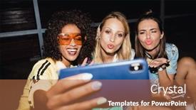  Presentation with girls night - Cool new PPT theme with young happy optimistic girls friends backdrop and a red colored foreground