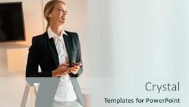  Presentation with music business - Slide set consisting of photo of a young happy cheerful beautiful blonde business woman indoors using mobile phone listening music with earphones background and a sky blue colored foreground