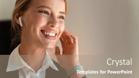  Presentation with music business - Cool new slide deck with photo of a young happy blonde business woman indoors listening music with earphones backdrop and a coral colored foreground