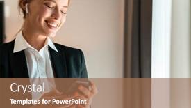  Presentation with music business - Amazing slide set having photo of a young happy cheerful blonde business woman indoors using mobile phone listening music with earphones backdrop and a coral colored foreground