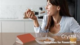  Presentation with corn flakes - PPT layouts featuring photo of a young positive smiling woman indoors at home at the kitchen have a breakfast eat corn flakes background and a tawny brown colored foreground