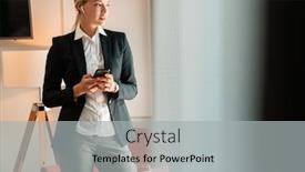  Presentation with music business - Amazing PPT theme having photo of a young pretty beautiful blonde business woman indoors using mobile phone listening music with earphones backdrop and a light gray colored foreground