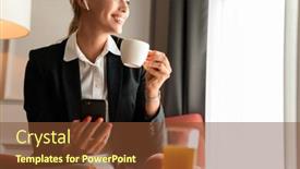  Presentation with optimistic - Presentation theme consisting of photo of a young smiling beautiful optimistic blonde business woman sit indoors have a dinner drinking coffee using mobile phone background and a tawny brown colored foreground