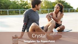  Presentation with strong - PPT theme with photo of a young strong sports man and woman sit on rug resting outdoors background and a coral colored foreground