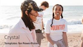  Presentation with plastic bags - Cool new slide deck with photo of adorable volunteers teamwork cleaning beach from plastic together with trash bags at seaside backdrop and a coral colored foreground
