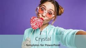  Presentation with candy - Cool new PPT theme with photo of adorable woman 20s with hair in buns holding big candy and taking selfie isolated over violet background in studio backdrop and a light blue colored foreground