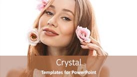  Presentation with gentian - Amazing slide deck having photo of adorable woman model 20s with makeup looking on camera and touching aroma tulip gentian flowers in her long auburn hair isolated over white background backdrop and a coral colored foreground