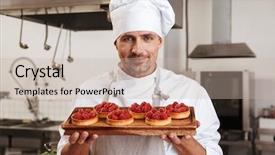  Presentation with restaurant kitchen - Colorful presentation design enhanced with chiefs - photo of adult male chief backdrop and a soft green colored foreground