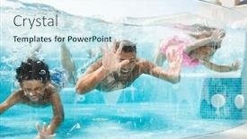  Presentation with under water - Audience pleasing PPT theme consisting of photo of adult man with children diving and swimming under water in transparent pool during summer vacation backdrop and a sky blue colored foreground