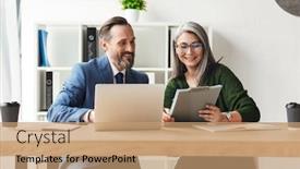  Presentation with photo - Cool new theme with photo-of-adult-smiling-colleagues backdrop and a coral colored foreground