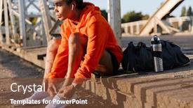  Presentation with old photo - Slide deck featuring photo of african american attractive woman in sportswear using earpods and tying shoelaces while sitting on old bridge background and a tawny brown colored foreground