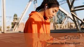  Presentation with old photo - Beautiful theme featuring photo of african american beautiful woman in sportswear using earpods and cellphone while sitting on old bridge backdrop and a red colored foreground