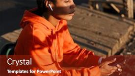  Presentation with old photo - Amazing PPT layouts having photo of african american concentrated woman in sportswear using earpods and cellphone while sitting on old bridge backdrop and a crimson colored foreground