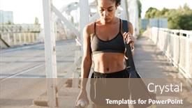  Presentation with old photo - Presentation design featuring photo of african american focused woman in sportswear using earpods and holding water bottle while walking with bag on old bridge background and a coral colored foreground