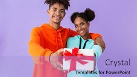  Presentation with african violet - Audience pleasing PPT theme consisting of photo of african american guy and girl smiling while holding gift box together isolated over violet background backdrop and a light blue colored foreground