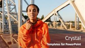  Presentation with old photo - PPT theme with photo of african american pleased woman in sportswear using earpods while working out on old bridge background and a tawny brown colored foreground