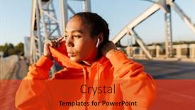  Presentation with old photo - Slide set consisting of photo of african american satisfied woman in sportswear using earpods while working out on old bridge background and a red colored foreground