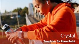  Presentation with old photo - Amazing slide deck having photo of african american tired woman in sportswear using earpods and holding water bottle while leaning on railing at old bridge backdrop and a crimson colored foreground