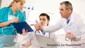  Presentation with physician - Slides enhanced with photo of aged physician pointing at document in nurse s hand with their colleague between them background and a lemonade colored foreground