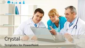  Presentation with photo display - Slides enhanced with photo of aged physician pointing background and a  colored foreground