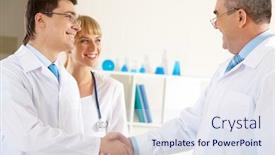  Presentation with physician - Cool new PPT theme with photo of aged physician and young clinician handshaking with friendly nurse near backdrop and a sky blue colored foreground