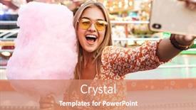  Presentation with amusement park - Slide set with photo of amazing optimistic happy cute woman walking outdoors in amusement park eat candyfloss take selfie by mobile phone background and a coral colored foreground