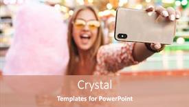  Presentation with amusement park - PPT theme enhanced with photo of amazing positive cute woman walking outdoors in amusement park eat candyfloss take selfie by mobile phone background and a coral colored foreground