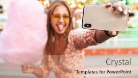  Presentation with amusement park - Amazing slide set having photo of amazing pretty cute woman walking outdoors in amusement park eat candyfloss take selfie by mobile phone showing tongue backdrop and a coral colored foreground