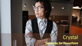  Presentation with coworking - Cool new PPT layouts with photo of amazing young asian man wearing glasses dressed in jacket and shirt standing near window indoors and looking aside coworking concept backdrop and a tawny brown colored foreground