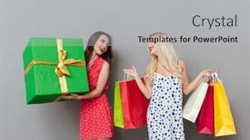  Presentation with makeup - Presentation theme with photo of amazing young two ladies friends with bright makeup lips standing over grey wall and posing with shopping bags and gift looking aside background and a light gray colored foreground