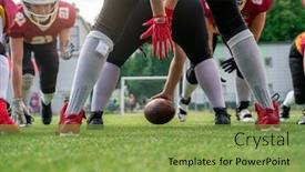  Presentation with football field - Presentation design with photo of american football players with ball on the playing field on summer day background and a seafoam green colored foreground
