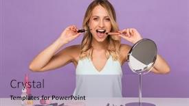  Presentation with purple wall - Beautiful presentation theme featuring photo of an emotional young woman posing isolated over purple wall background with cosmetics with mirror holding lip gloss backdrop and a coral colored foreground