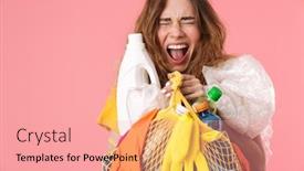  Presentation with plastic waste - PPT layouts enhanced with photo of angry stressed woman in basic t-shirt holding bag with plastic waste and shouting isolated over pink background background and a coral colored foreground