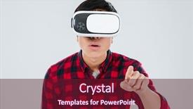  Presentation with cage - Cool new PPT layouts with photo of asian man dressed in casual shirt in a cage and wearing virtual reality device and pointing at camera isolated over white background backdrop and a tawny brown colored foreground