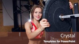  Presentation with barbell - PPT theme consisting of photo of athlete woman in sports clothes with barbell background and a tawny brown colored foreground