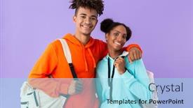  Presentation with african violet - PPT theme consisting of photo of attractive african american brother and sister wearing backpacks hugging together isolated over violet background background and a arctic colored foreground