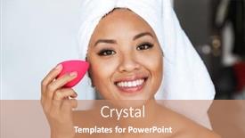  Presentation with apartment - PPT theme consisting of photo of attractive asian woman wrapped in white towel applying makeup after shower in hotel room or apartment background and a coral colored foreground