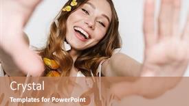  Presentation with butterflies - Amazing PPT theme having photo-of-attractive-cheerful-woman backdrop and a coral colored foreground