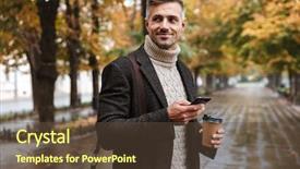  Presentation with photo - Cool new slide deck with photo of attractive man 30s backdrop and a tawny brown colored foreground