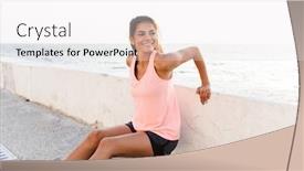  Presentation with workout - Beautiful presentation theme featuring photo of attractive sporty woman 20s in tracksuit squatting during workout at seaside backdrop and a sky blue colored foreground