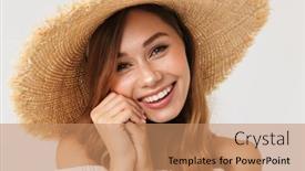  Presentation with photo - PPT theme having photo of attractive woman 20s wearing big straw hat looking at camera with happy smile isolated over white background background and a coral colored foreground