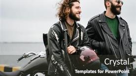  Presentation with sea port - Slide deck having photo-of-bearded-joyful-men background and a dark gray colored foreground